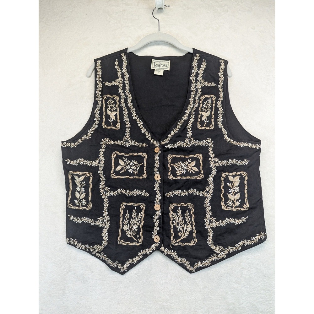 Vintage 90s TanTrums Vest Womens L Black Floral Embroidered Boho Folk Cotton